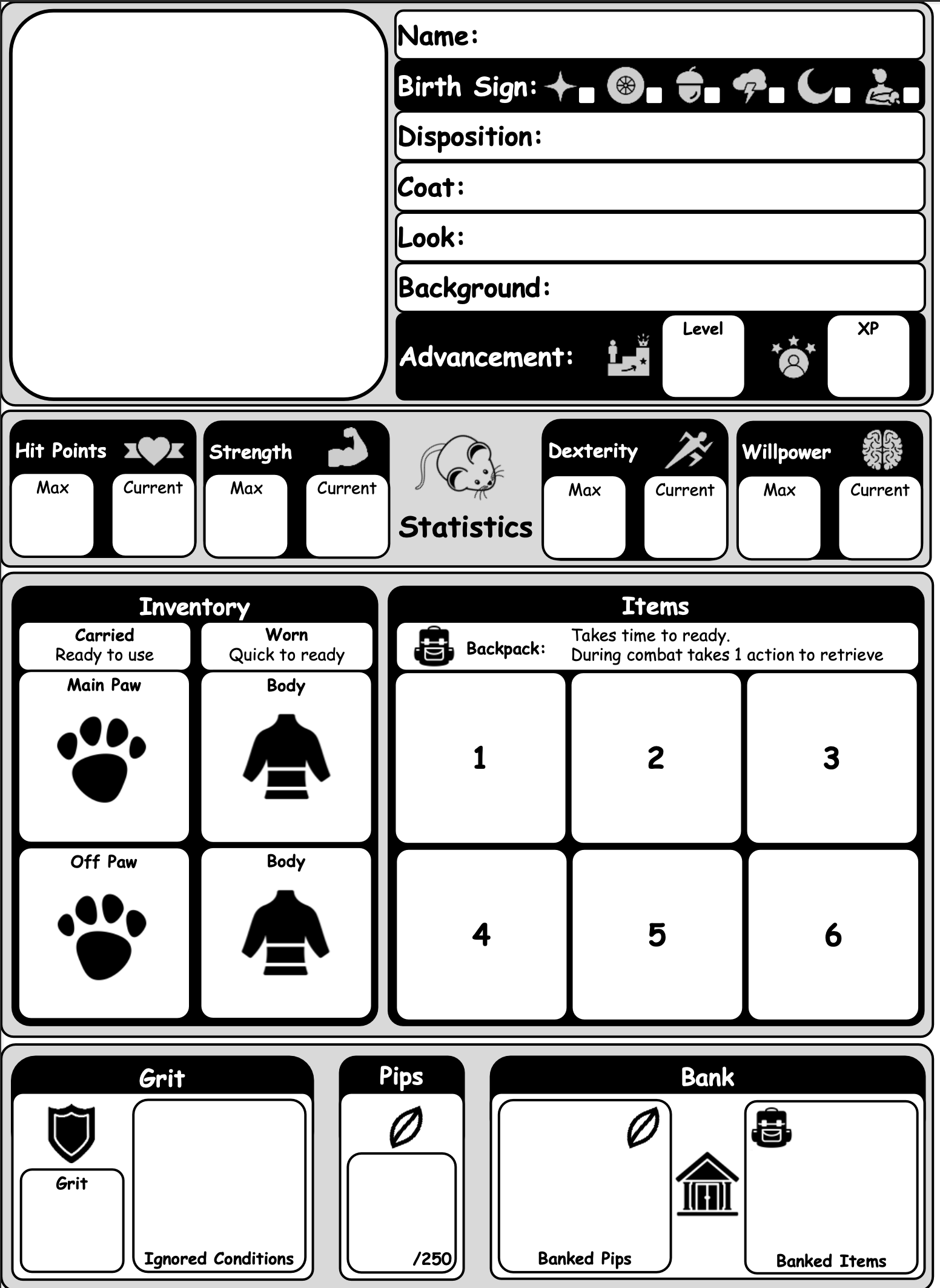 Accessible Character Sheet for Mausritter